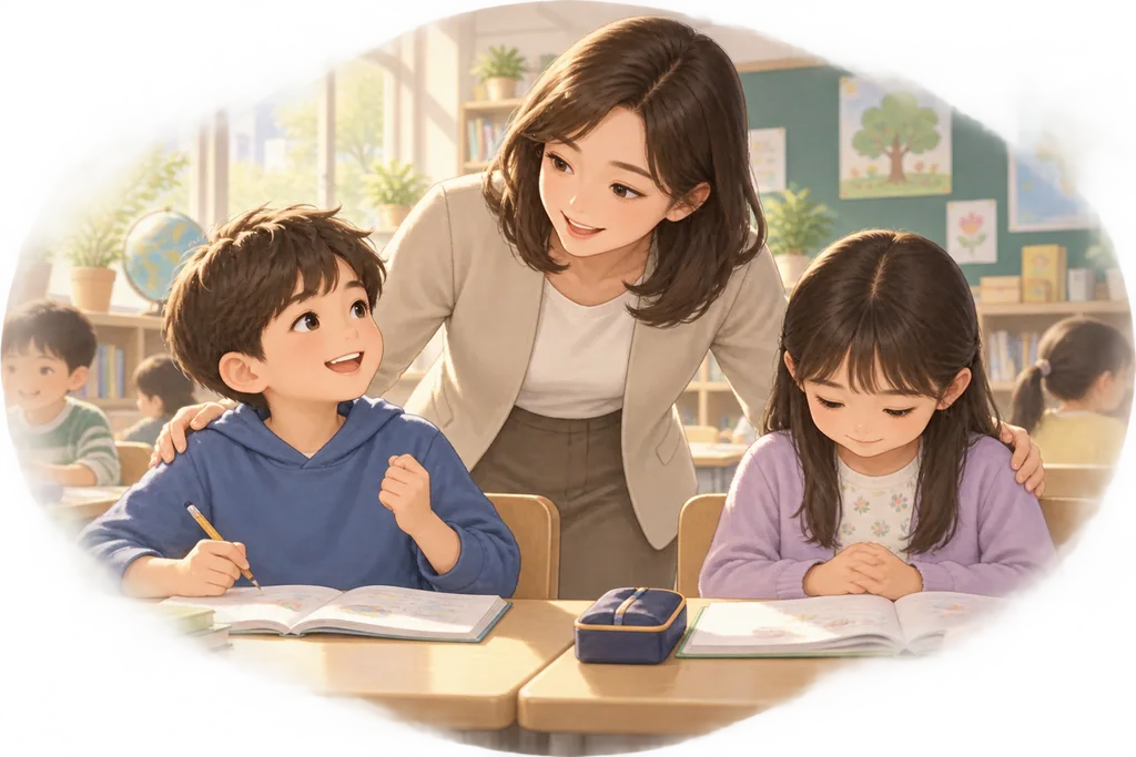 학생 지도에서 같은 칭찬을 들은 뒤 서로 다른 반응을 보이는 초등학생들