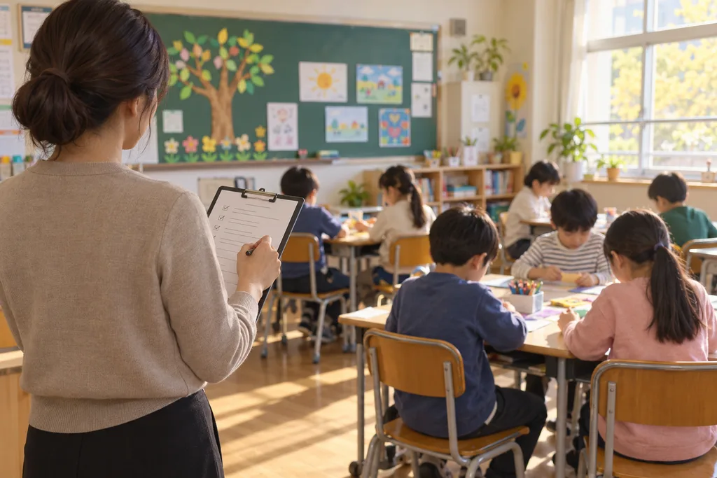 교사가 학생 칭찬과 반응을 개인정보 없이 기록하는 모습